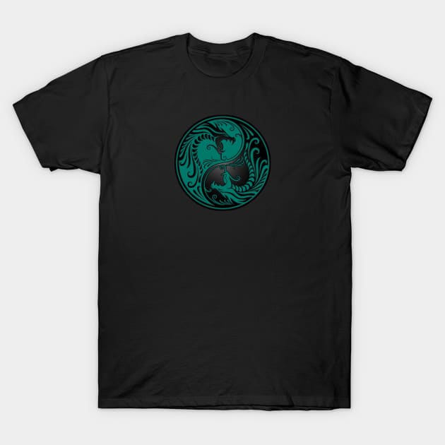 Teal Blue and Black Yin Yang Dragons T-Shirt by jeffbartels